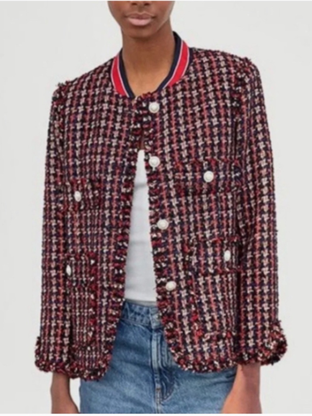 Zara BOUCLE Textured Tweed Bomber Jacket - Red Multi Designer